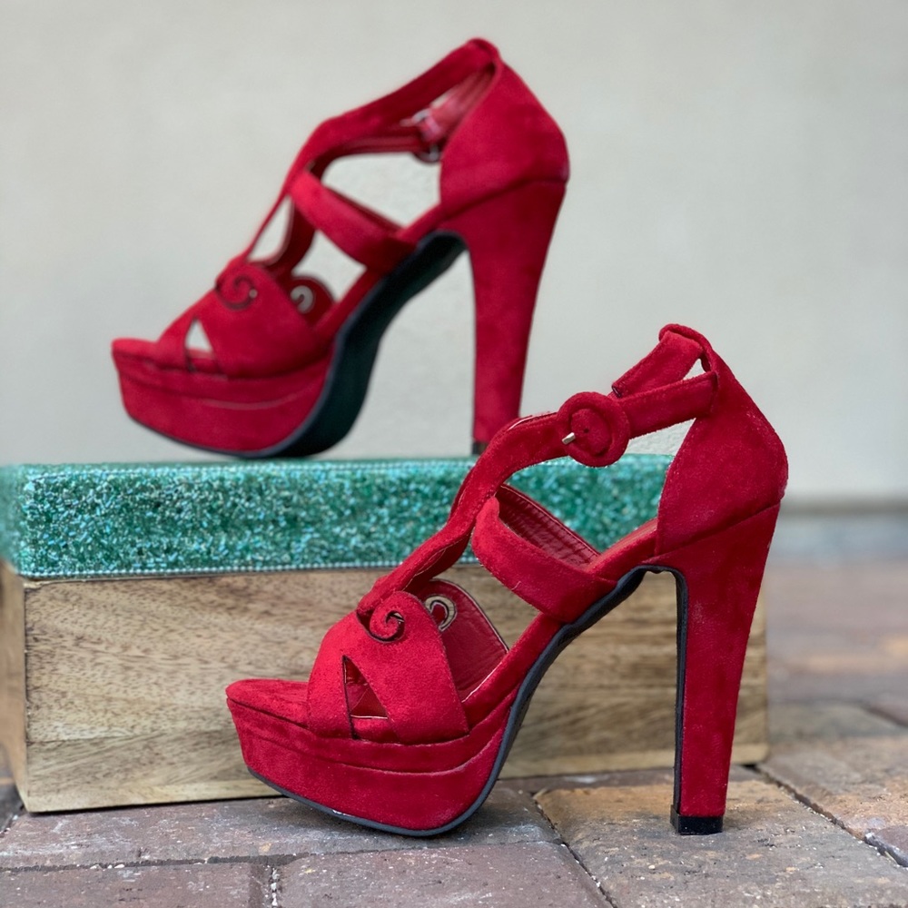 Nib Ruby Red Chunky Heel Peep Toe Platform Sandals - image 3